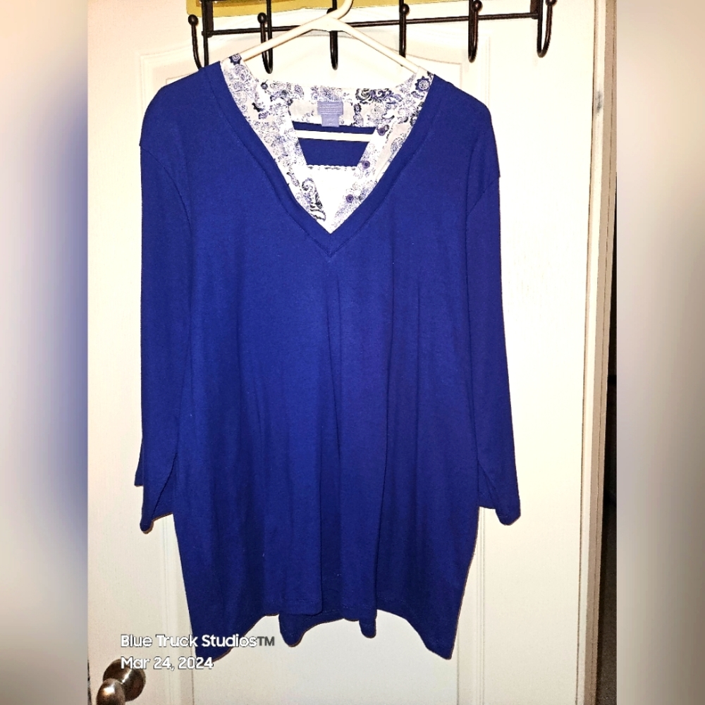 Laura Scott Woman Plus Size 2X V-Neck Three Quarter Sleeve Top 100% Cotton
